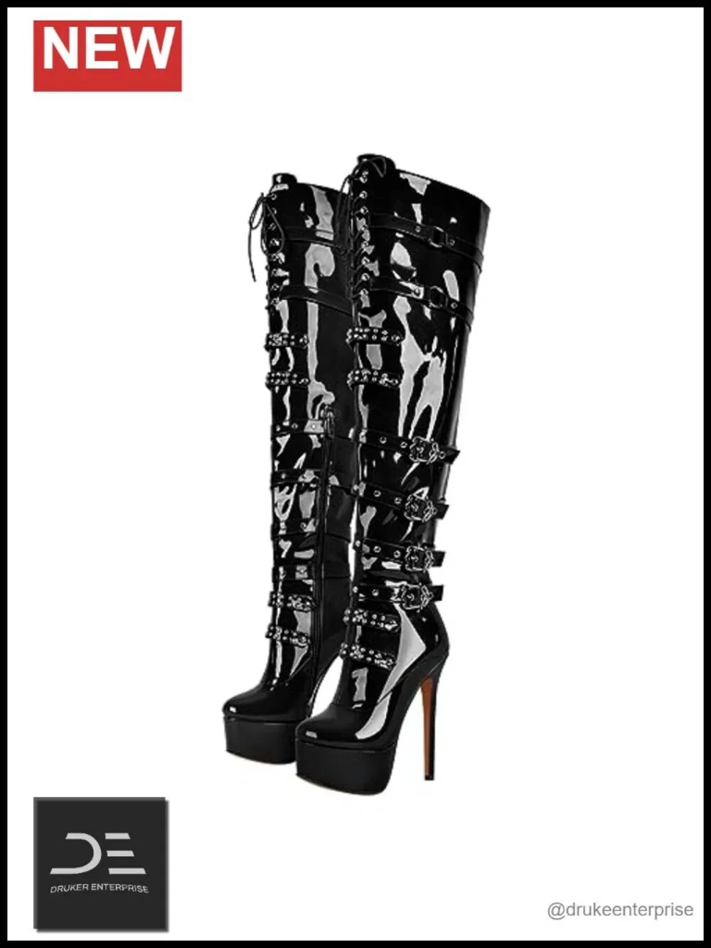 Women's Over Knee Boots with Lace Up Zipper Buckle Rivet Stiletto Platform Heels